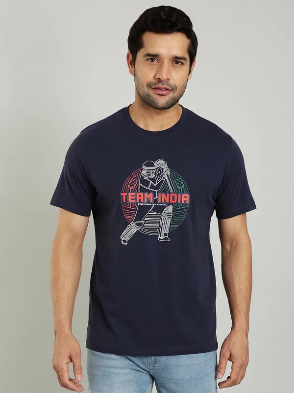 Indian Terrain Men's Half Sleeve Regular Fit Dark Blue Round Neck T-Shirt
